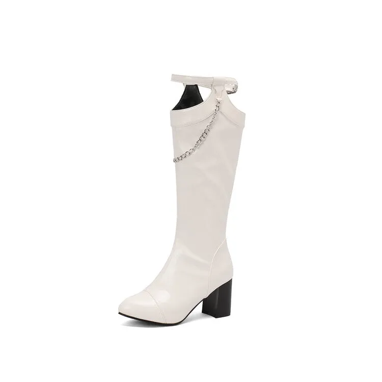 Women's Chains Pointed Toe Block Heel Knee High Boots