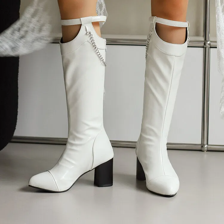Women's Chains Pointed Toe Block Heel Knee High Boots