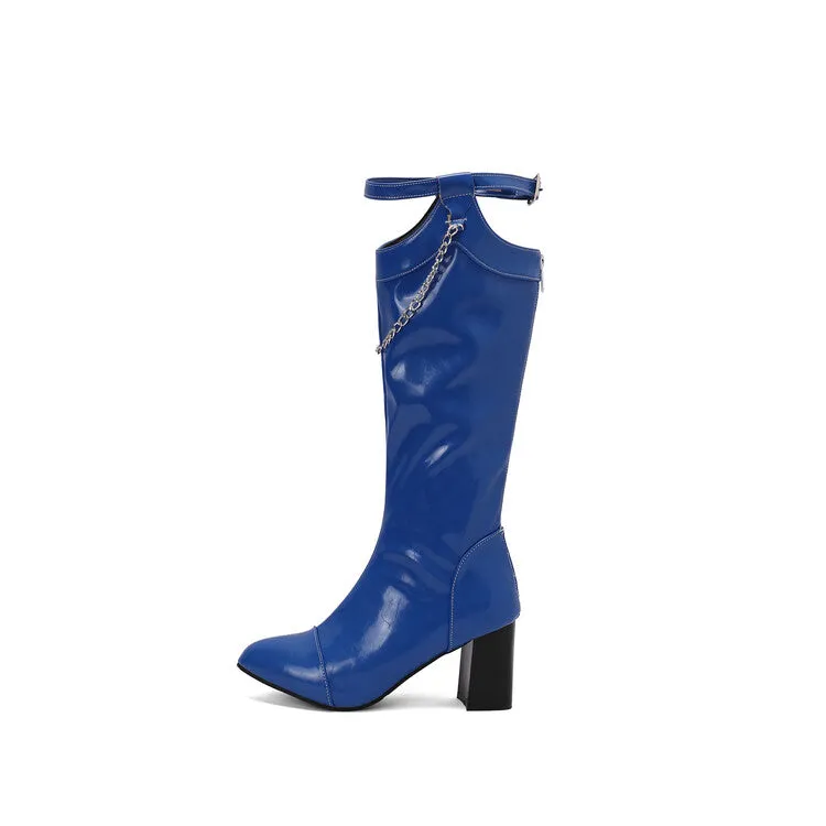 Women's Chains Pointed Toe Block Heel Knee High Boots
