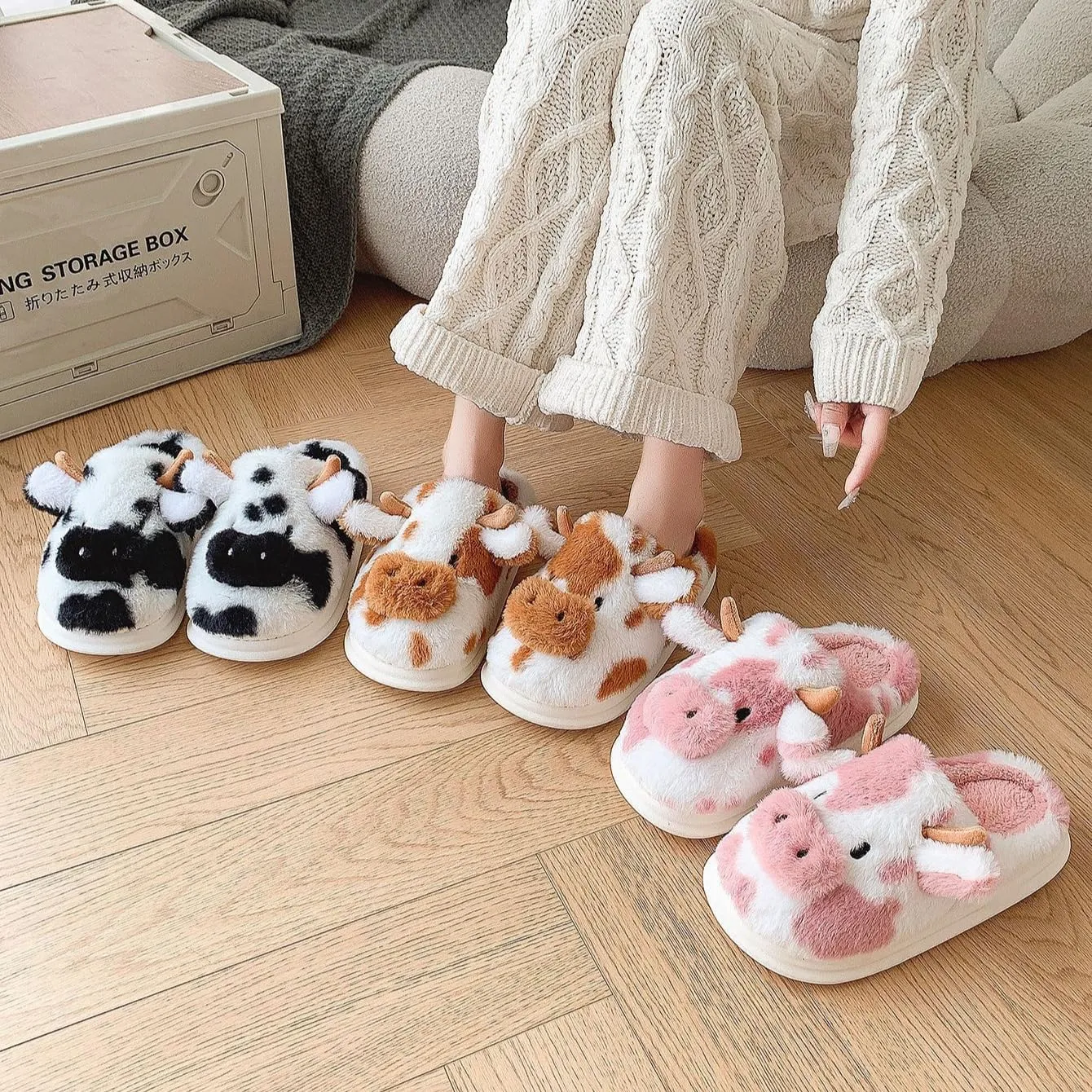 Women's Cow Print Plush Slippers Cute Y2k Cozy Indoor Home Warm Fluffy Slippers for Winter Comfort