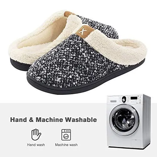 Women's Cozy Memory Foam Slippers Outdoor, Anti-Skid Rubber Sole (7-8, Black/Grey)
