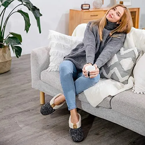 Women's Cozy Memory Foam Slippers Outdoor, Anti-Skid Rubber Sole (7-8, Black/Grey)