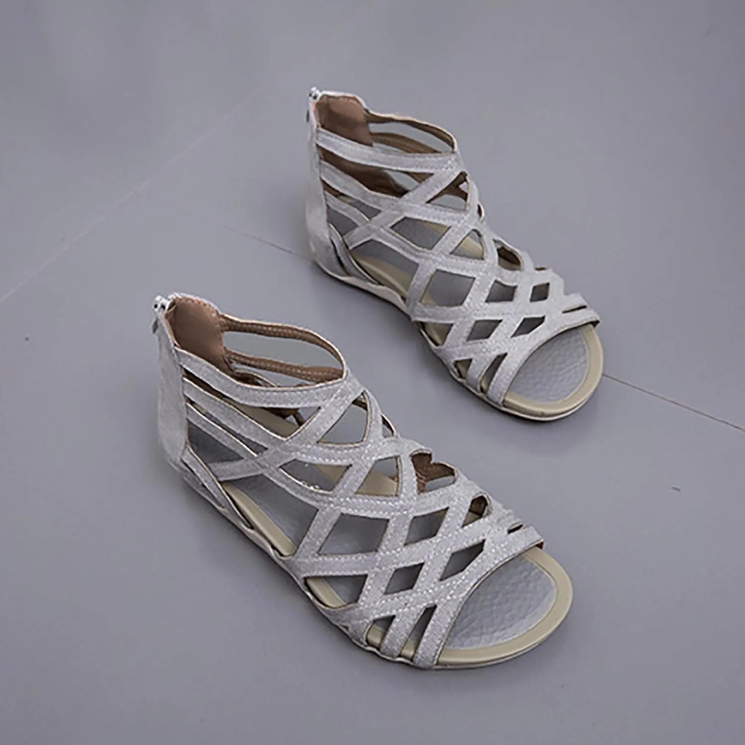 Women's Cross Strappy Stylish Sandal Back Zipper Solid Orthopedic Sandals Breathe Summer Spring Flats Open Toe Shoe