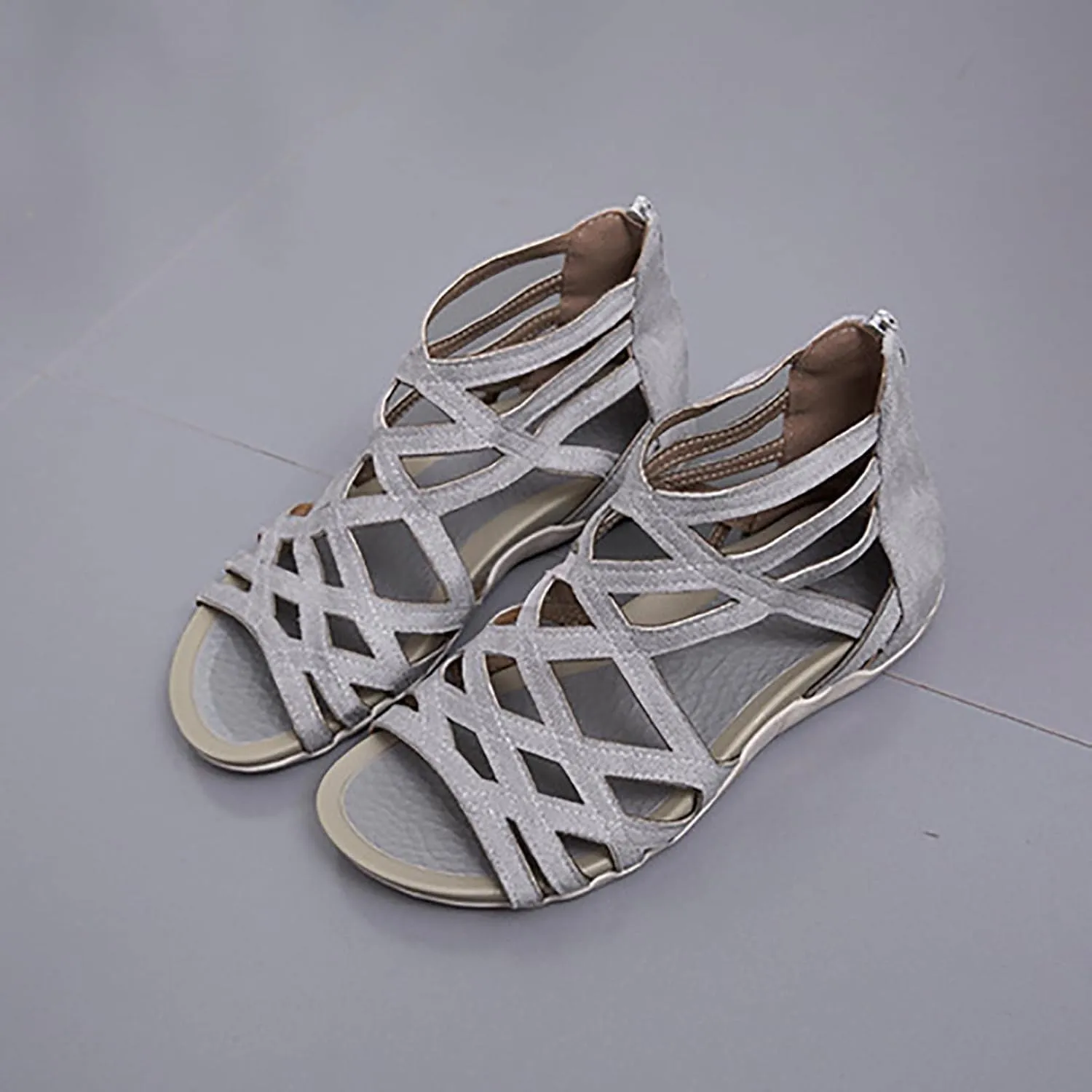 Women's Cross Strappy Stylish Sandal Back Zipper Solid Orthopedic Sandals Breathe Summer Spring Flats Open Toe Shoe