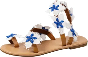 Women's Embroidery Cloth Splicing Sandals Irregular Stylish Colorblock Summer Slipper Toe Ring Flat Strappy Sandal