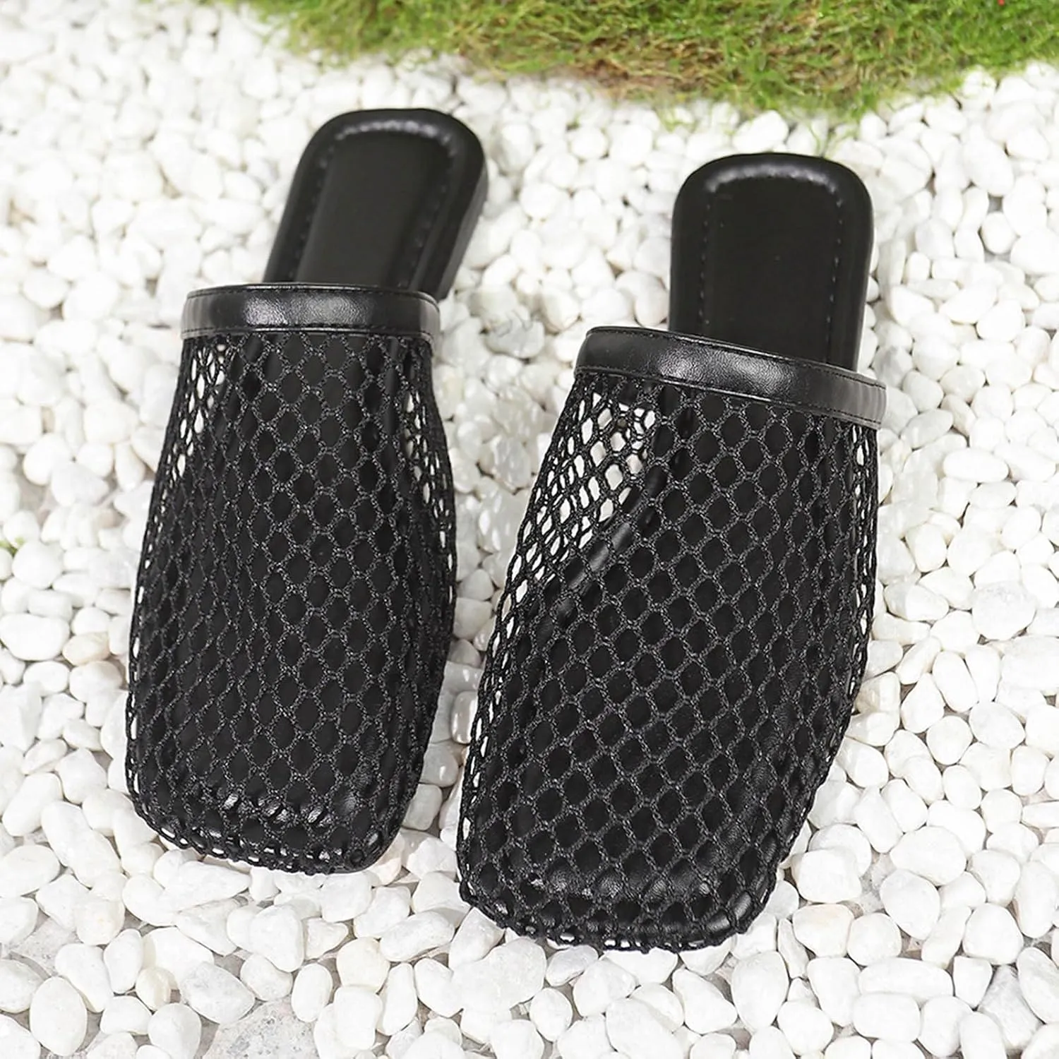 Women's Fashion Mesh Slip-on Mules Shoes Fashion Square Toe Casual Flats Sandals Stylish Breathable Summer Slippers