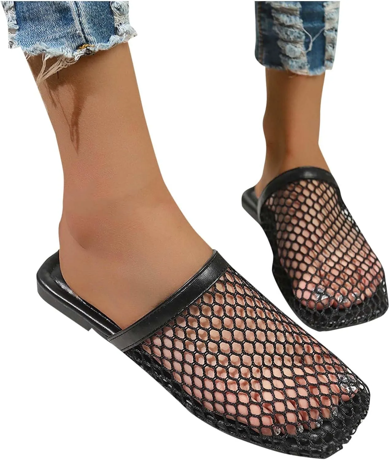 Women's Fashion Mesh Slip-on Mules Shoes Fashion Square Toe Casual Flats Sandals Stylish Breathable Summer Slippers