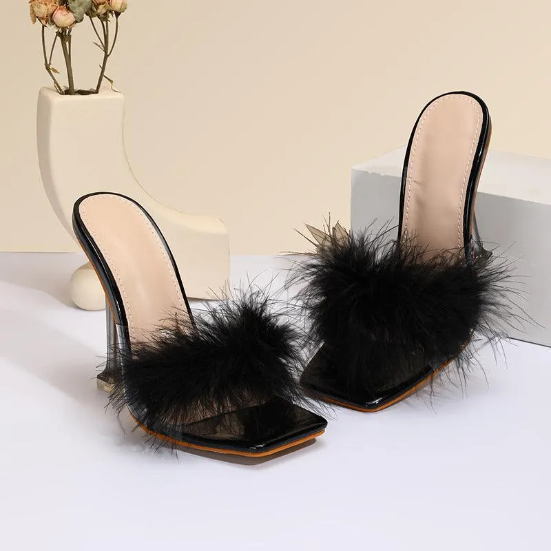 Women's Fashion Shoes Furry Transparent Broadband Crystal Heel Stiletto Heel Sandals