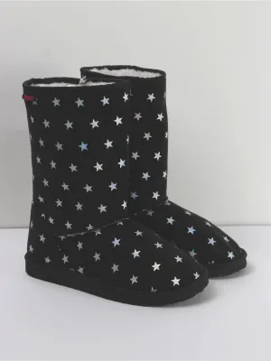 Women's Faux Stars Print Mid-Calf Ankle Boot,Black