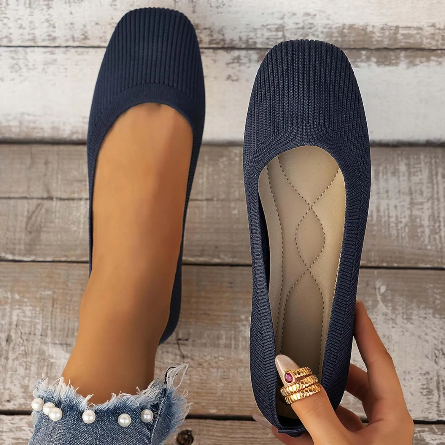 Women's Flats Shoes Pointed Toe Knit Ballet Ballerina Walking Flats Shoes for Woman Dress Flat Ballet Slip On