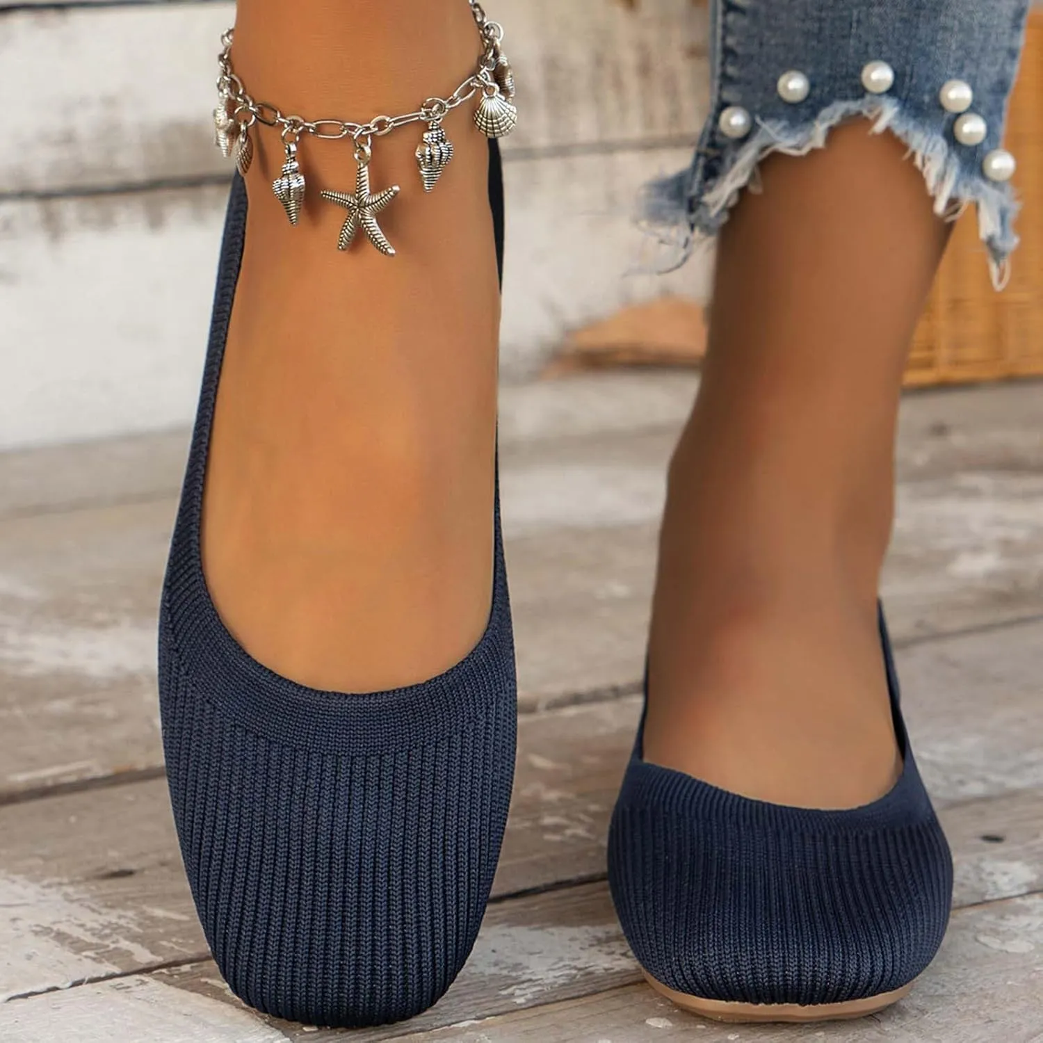Women's Flats Shoes Pointed Toe Knit Ballet Ballerina Walking Flats Shoes for Woman Dress Flat Ballet Slip On