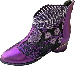 Womens Flower Embroidery Ankle Boots Fashion Rhinestone Pointed Back Zipper Mid Heel Short Booties Casual Trendy Ladies Thick Heel Shoes