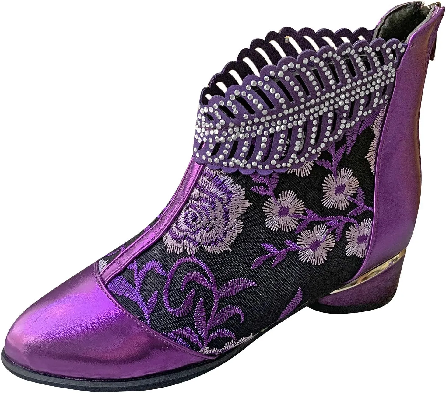 Womens Flower Embroidery Ankle Boots Fashion Rhinestone Pointed Back Zipper Mid Heel Short Booties Casual Trendy Ladies Thick Heel Shoes