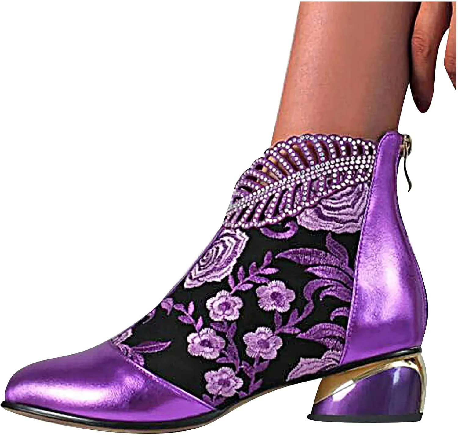 Womens Flower Embroidery Ankle Boots Fashion Rhinestone Pointed Back Zipper Mid Heel Short Booties Casual Trendy Ladies Thick Heel Shoes
