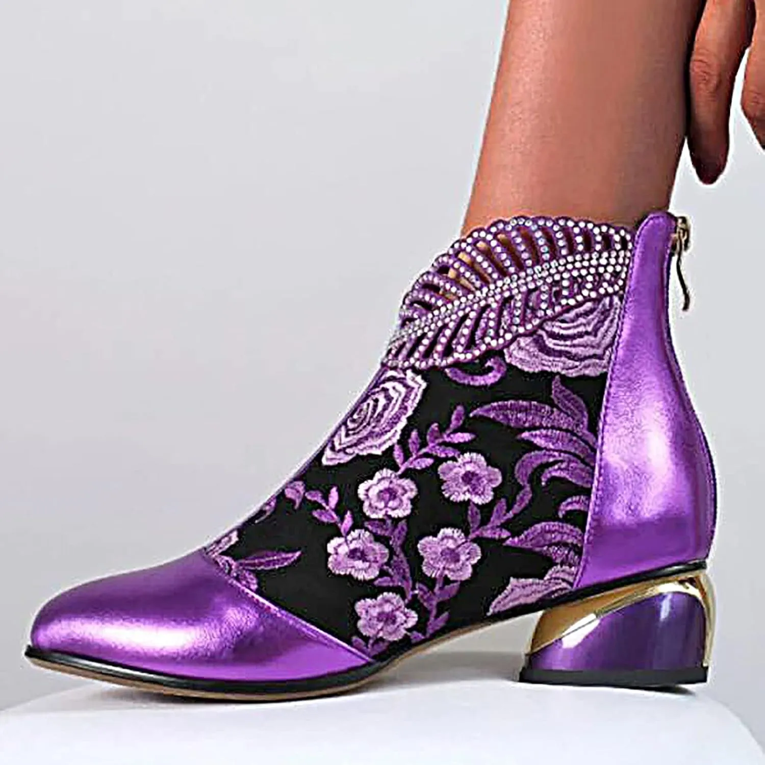 Womens Flower Embroidery Ankle Boots Fashion Rhinestone Pointed Back Zipper Mid Heel Short Booties Casual Trendy Ladies Thick Heel Shoes