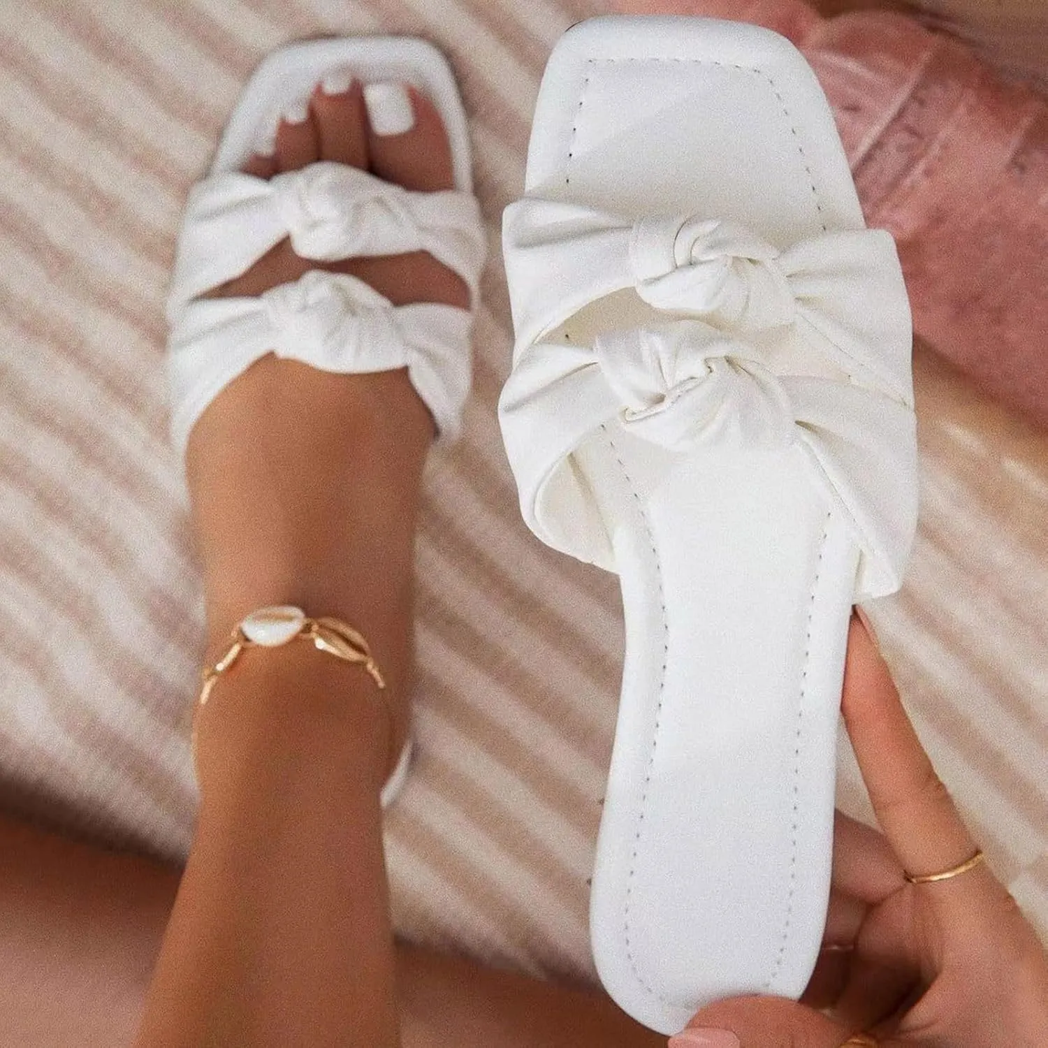 Women's Flower Flat Wedding Sandals Cute Square Toe Trendy 2025 Summer Comfortable Slide Plateau High Heels