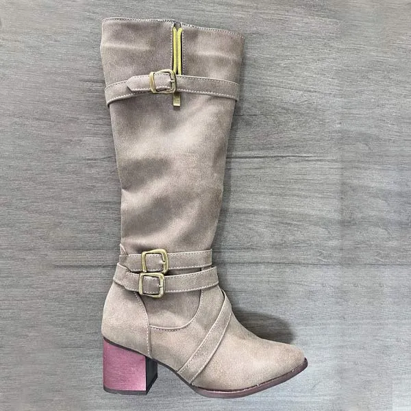 Women's High Shaft Belt Buckle Knight Boots with Chunky High Heels 26875201C