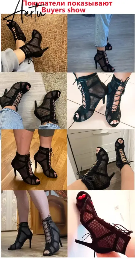 Women's High Top Dance Shoes Black Ballroom Boots Salsa Tango Shoes Girl Fashion Party Mesh Cutout High Heel Sandals Summer