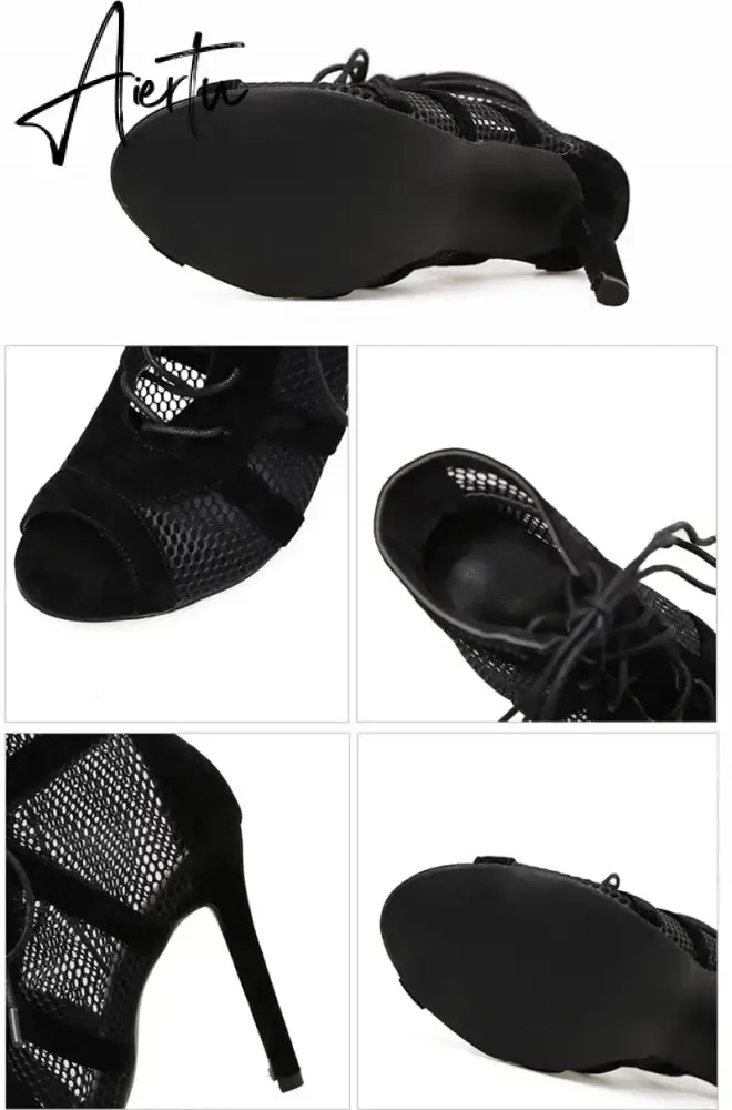 Women's High Top Dance Shoes Black Ballroom Boots Salsa Tango Shoes Girl Fashion Party Mesh Cutout High Heel Sandals Summer