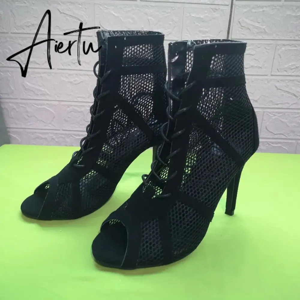 Women's High Top Dance Shoes Black Ballroom Boots Salsa Tango Shoes Girl Fashion Party Mesh Cutout High Heel Sandals Summer