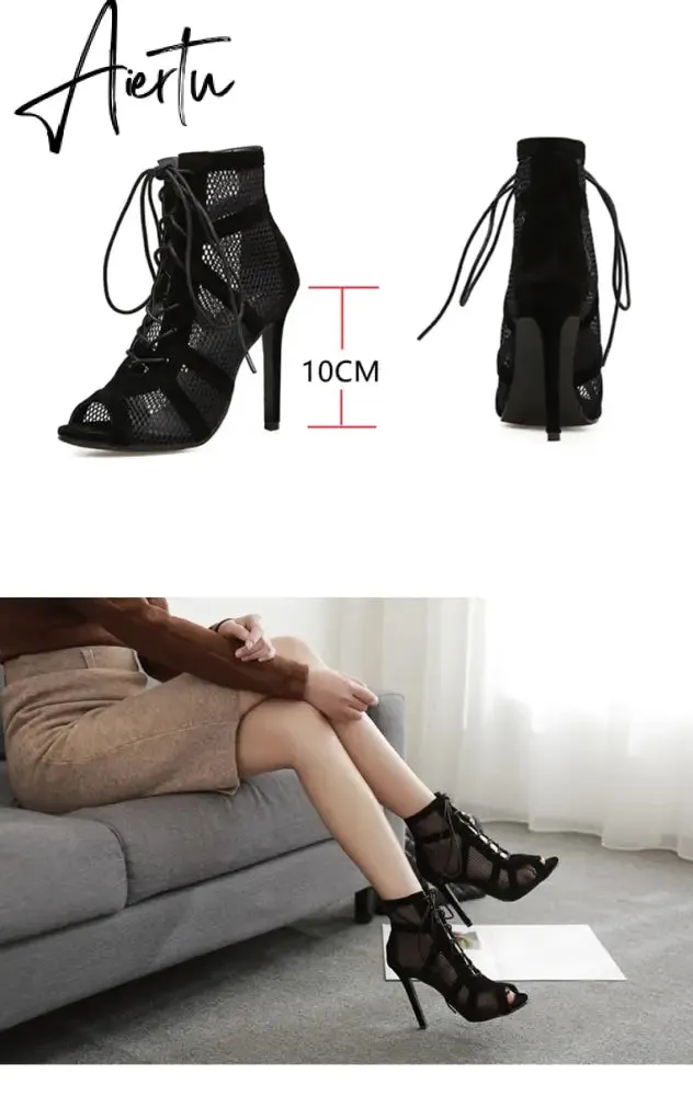 Women's High Top Dance Shoes Black Ballroom Boots Salsa Tango Shoes Girl Fashion Party Mesh Cutout High Heel Sandals Summer