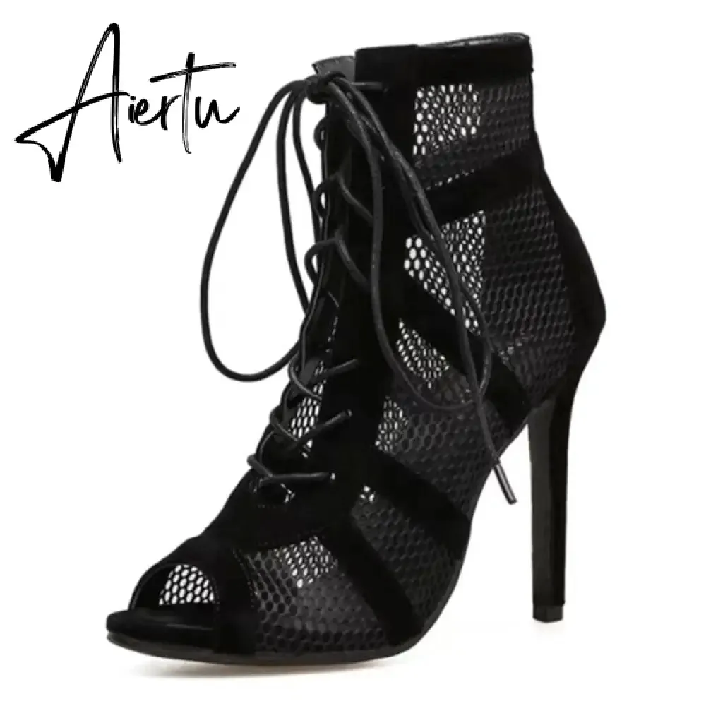 Women's High Top Dance Shoes Black Ballroom Boots Salsa Tango Shoes Girl Fashion Party Mesh Cutout High Heel Sandals Summer