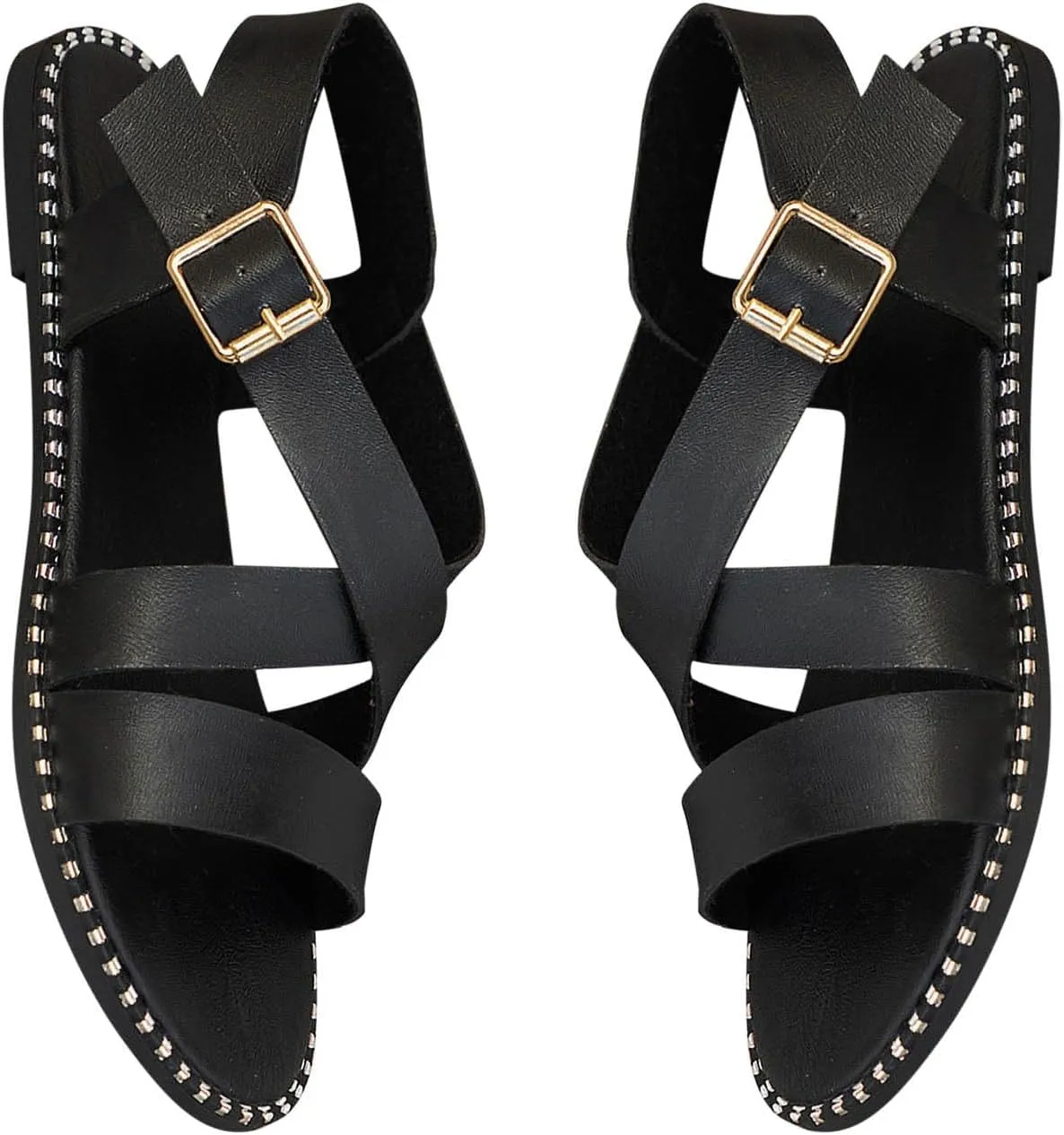 Women's Leather Strappy Solid Sandal Big Buckle Hook and Eye Flats Simple Trendy Stylish Shoe Summer Beach Sandals