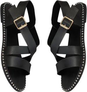 Women's Leather Strappy Solid Sandal Big Buckle Hook and Eye Flats Simple Trendy Stylish Shoe Summer Beach Sandals