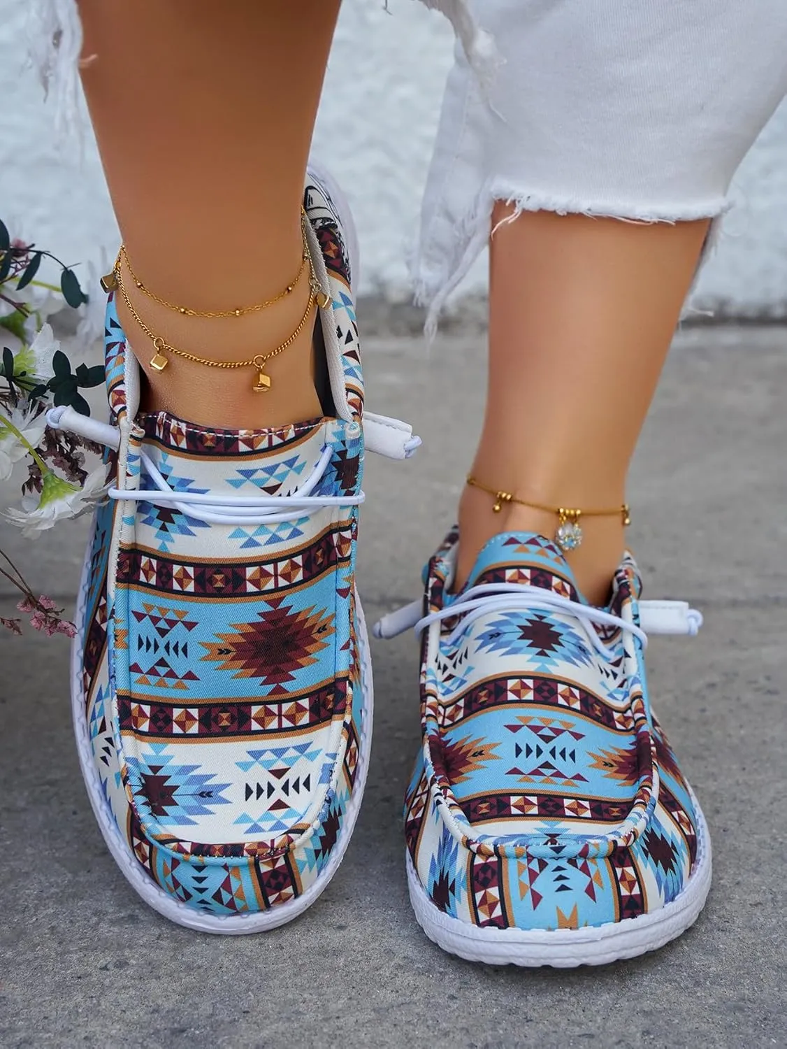 Women's Low-Top Canvas Loafers Flats Sneakers Aztec Print Blue Ethnic Vibe Lace-up Rubber Sole Anti-Slip Comfortable Casual Versatility Breathable Easy Wear Drive Shoes