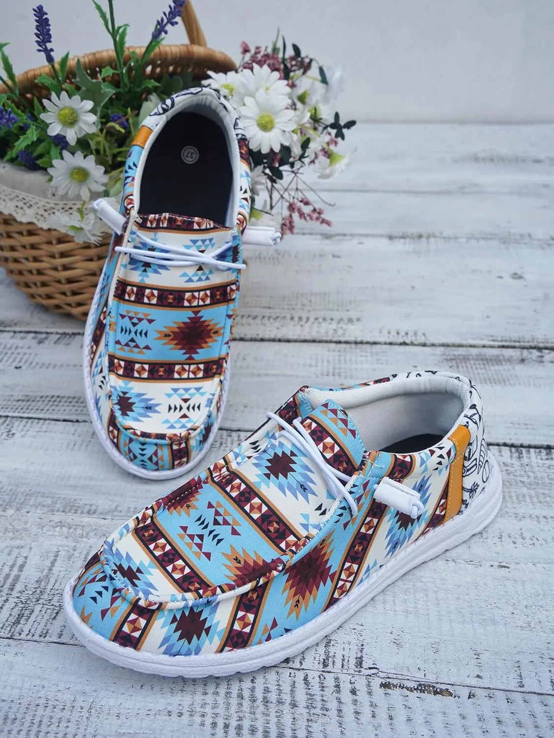 Women's Low-Top Canvas Loafers Flats Sneakers Aztec Print Blue Ethnic Vibe Lace-up Rubber Sole Anti-Slip Comfortable Casual Versatility Breathable Easy Wear Drive Shoes