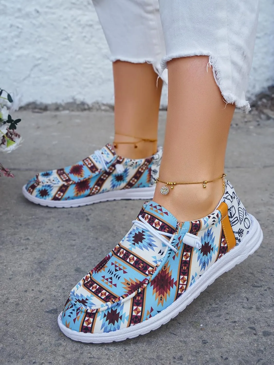 Women's Low-Top Canvas Loafers Flats Sneakers Aztec Print Blue Ethnic Vibe Lace-up Rubber Sole Anti-Slip Comfortable Casual Versatility Breathable Easy Wear Drive Shoes