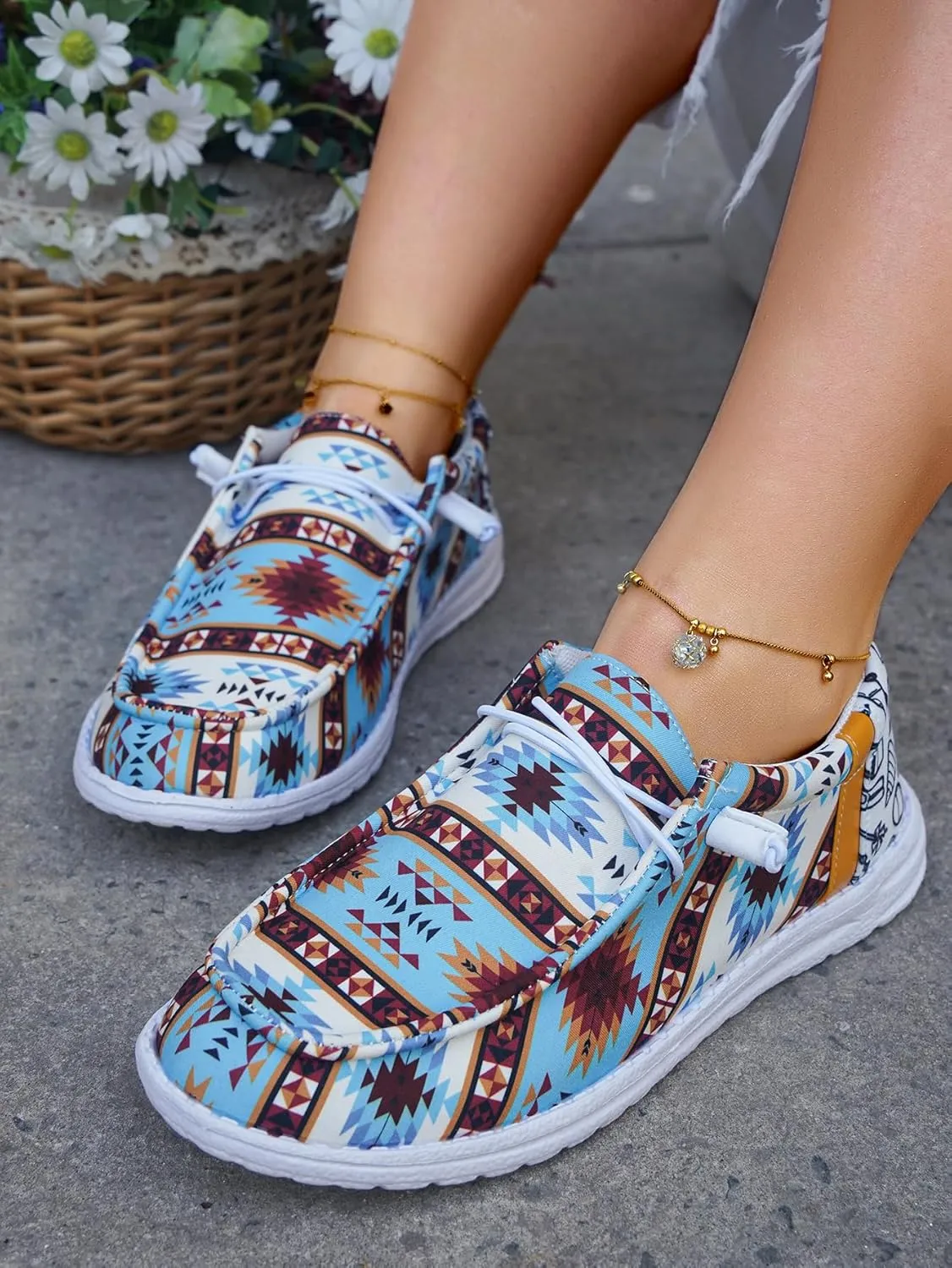 Women's Low-Top Canvas Loafers Flats Sneakers Aztec Print Blue Ethnic Vibe Lace-up Rubber Sole Anti-Slip Comfortable Casual Versatility Breathable Easy Wear Drive Shoes