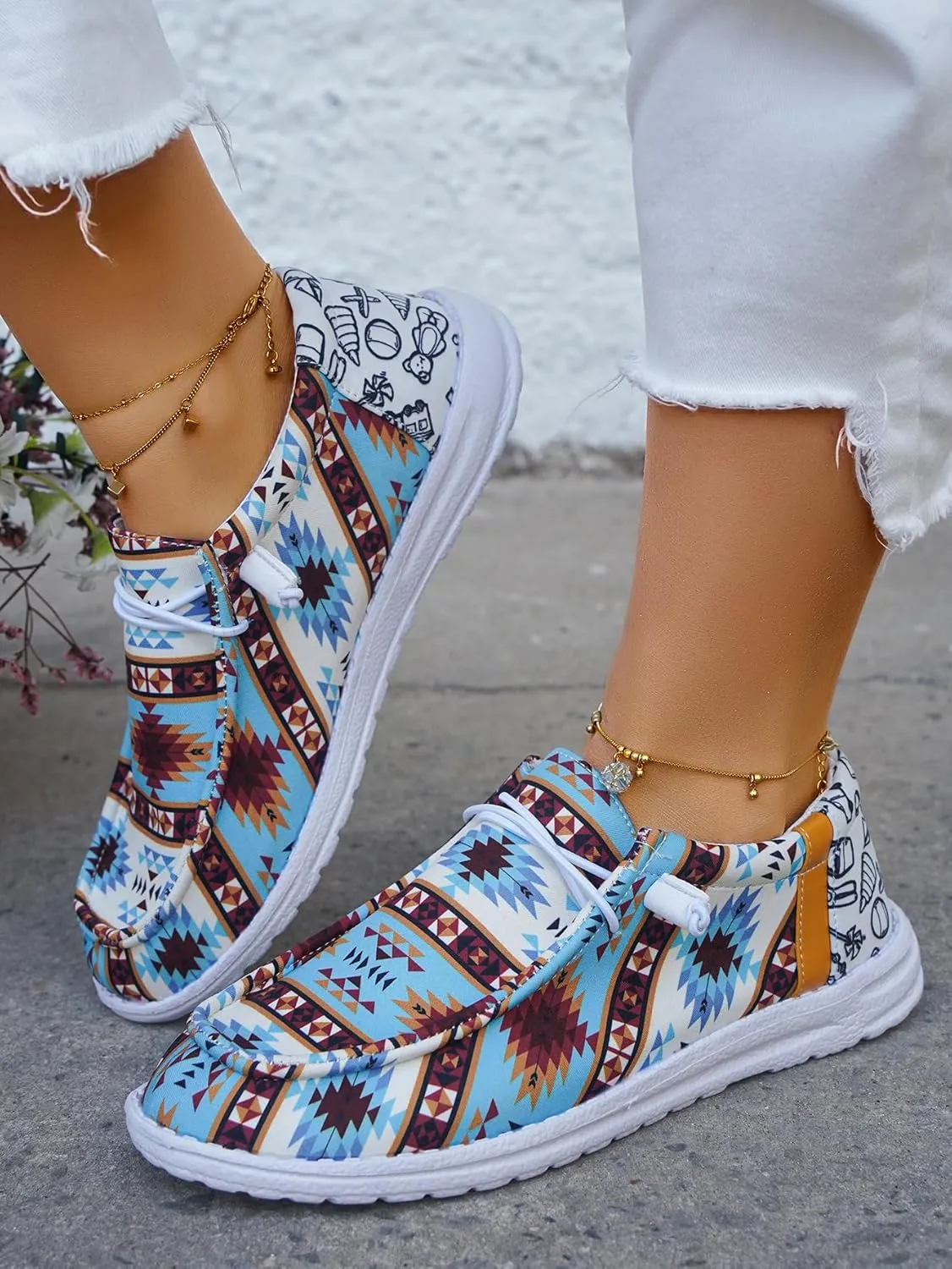 Women's Low-Top Canvas Loafers Flats Sneakers Aztec Print Blue Ethnic Vibe Lace-up Rubber Sole Anti-Slip Comfortable Casual Versatility Breathable Easy Wear Drive Shoes
