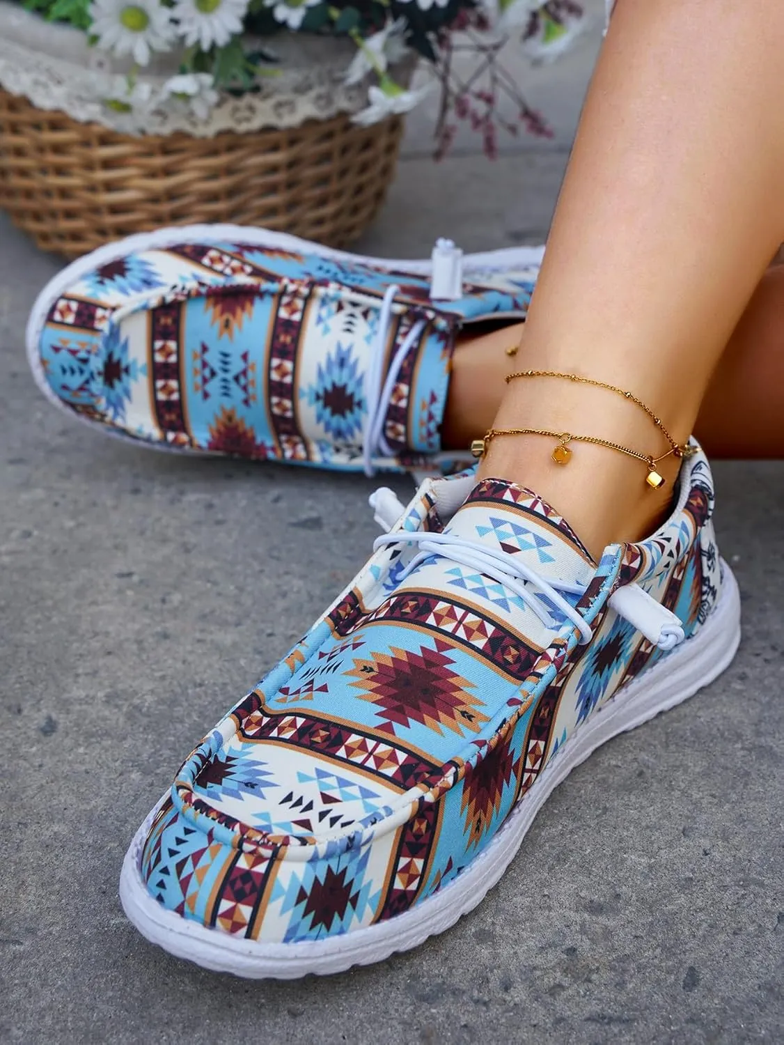 Women's Low-Top Canvas Loafers Flats Sneakers Aztec Print Blue Ethnic Vibe Lace-up Rubber Sole Anti-Slip Comfortable Casual Versatility Breathable Easy Wear Drive Shoes