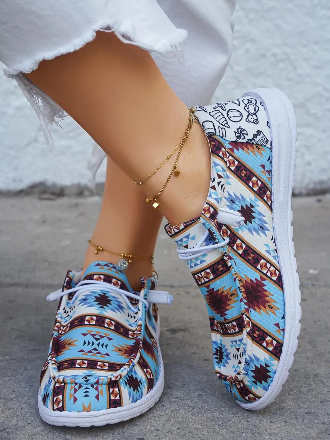 Women's Low-Top Canvas Loafers Flats Sneakers Aztec Print Blue Ethnic Vibe Lace-up Rubber Sole Anti-Slip Comfortable Casual Versatility Breathable Easy Wear Drive Shoes