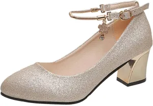 Women's Mary Jane Elegant Dress Shoes Closed Toe T Strap Mary Janes Sparkly Wedding Shoes for Party Work Office