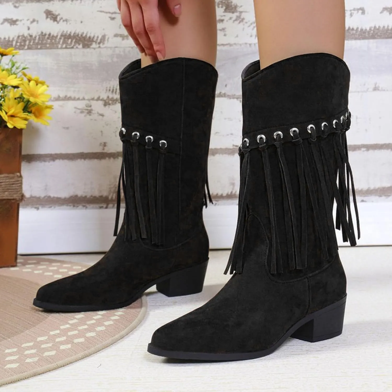 Womens Mid Calf Boots Wide Calf Fringe Trendy Cowboy Boots for Women Chunky Heel Comfortable Western Women Boots
