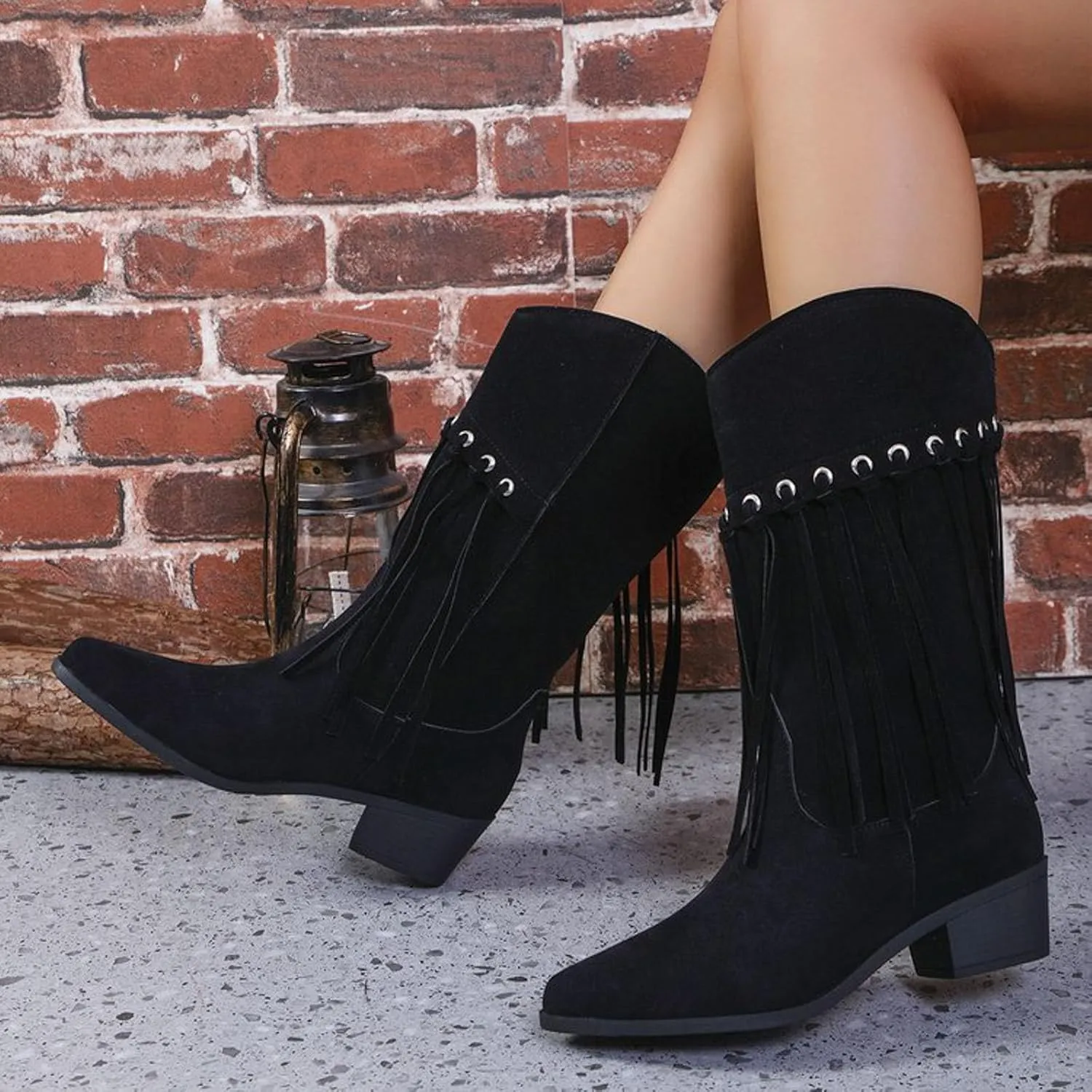 Womens Mid Calf Boots Wide Calf Fringe Trendy Cowboy Boots for Women Chunky Heel Comfortable Western Women Boots