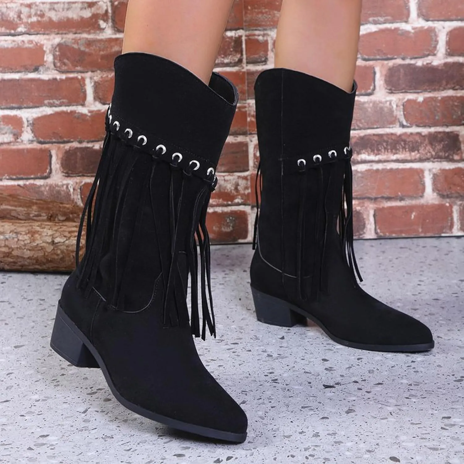 Womens Mid Calf Boots Wide Calf Fringe Trendy Cowboy Boots for Women Chunky Heel Comfortable Western Women Boots