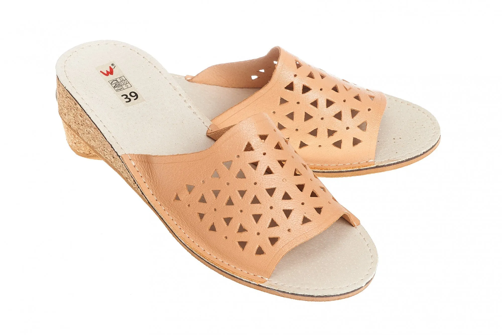 Women's Natural Leather Open Toe Slippers | WU-111