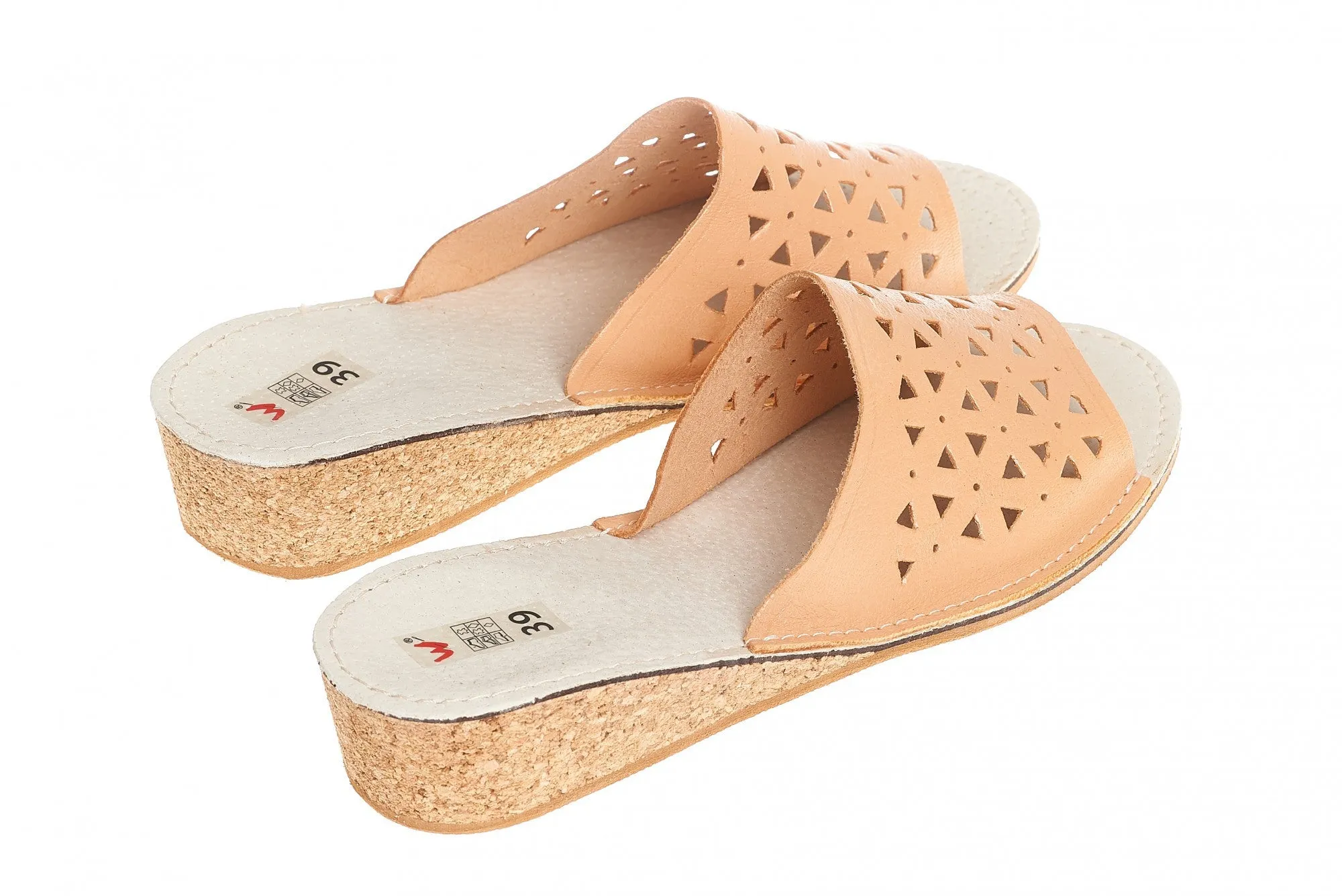 Women's Natural Leather Open Toe Slippers | WU-111