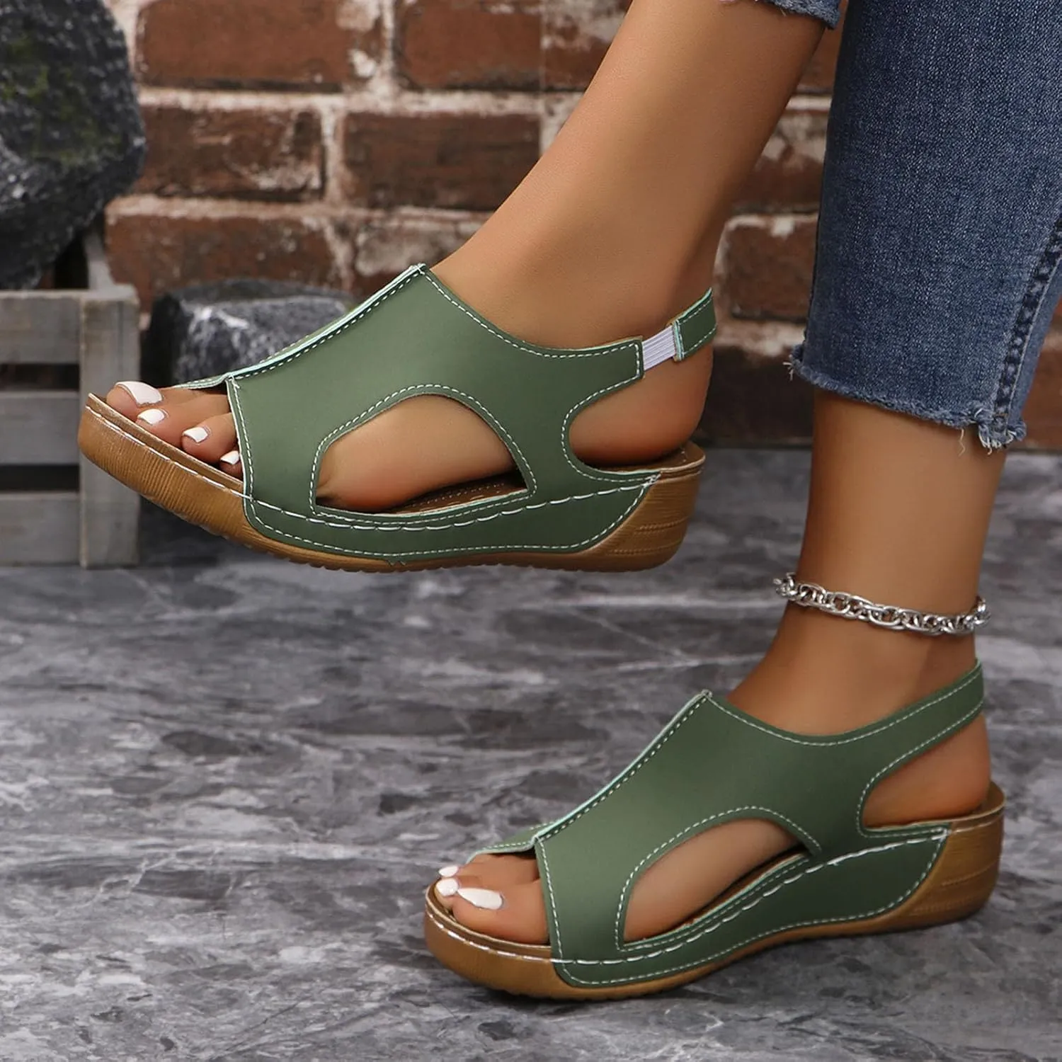 Womens Orthopedic Slide Sandals Elastic Ankle Strap Platform Stylish Toe Slip on Open Toe Walking Sandals for Summer