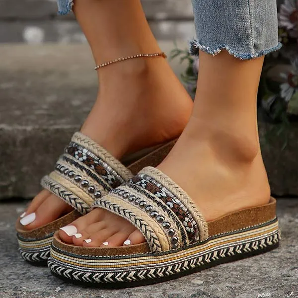 Women's Peep-Toe Braided Espadrille Platform Slides 81222384C