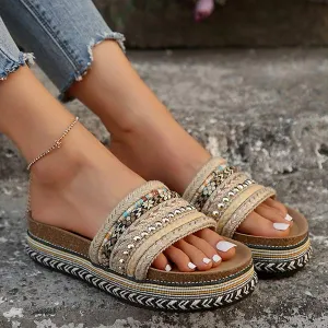 Women's Peep-Toe Braided Espadrille Platform Slides 81222384C