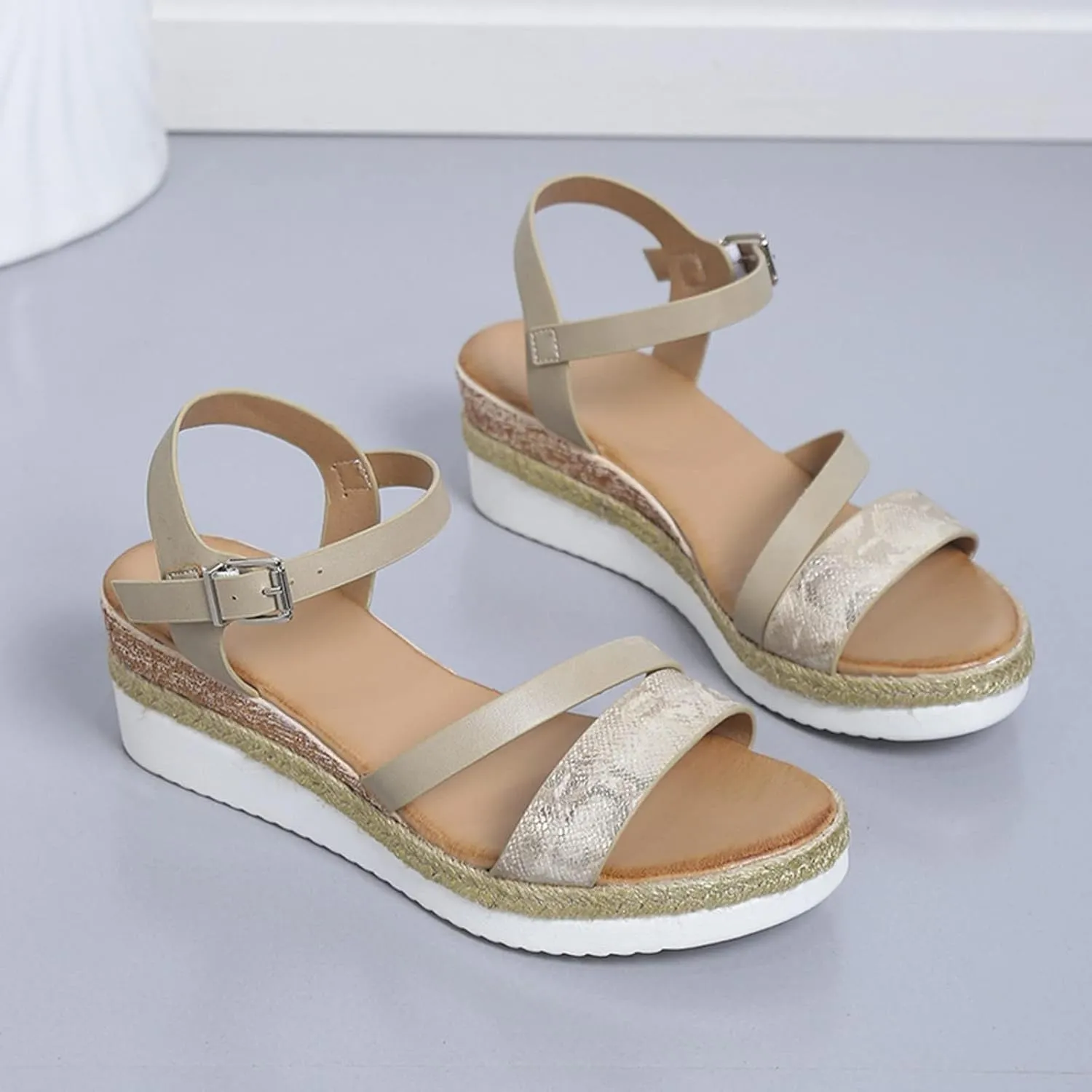 Women's Platform Espadrilles Wedge Sandals, Comfortable Open Toe One Band Sandals Dressy Casual Summer Round Crisscross with Adjustable Ankle Strap Buckle Stylish Wedges Espadrille Sandal