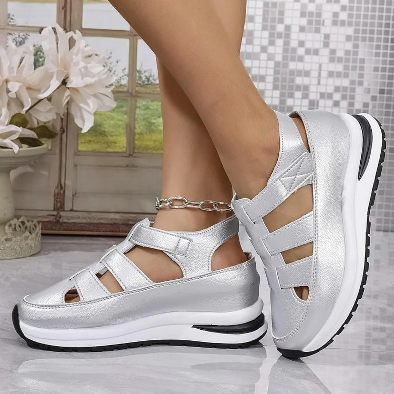 Womens Platform Sandals Comfortable Hollow Out Breathable Closed Toe Wedge Shoes Casual Stylish Arch Support Ankle Strap Orthopedic Leather Sandals