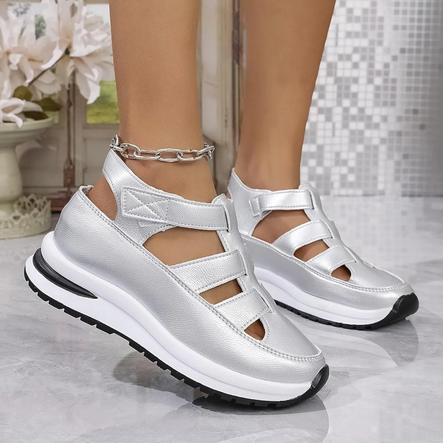 Womens Platform Sandals Comfortable Hollow Out Breathable Closed Toe Wedge Shoes Casual Stylish Arch Support Ankle Strap Orthopedic Leather Sandals