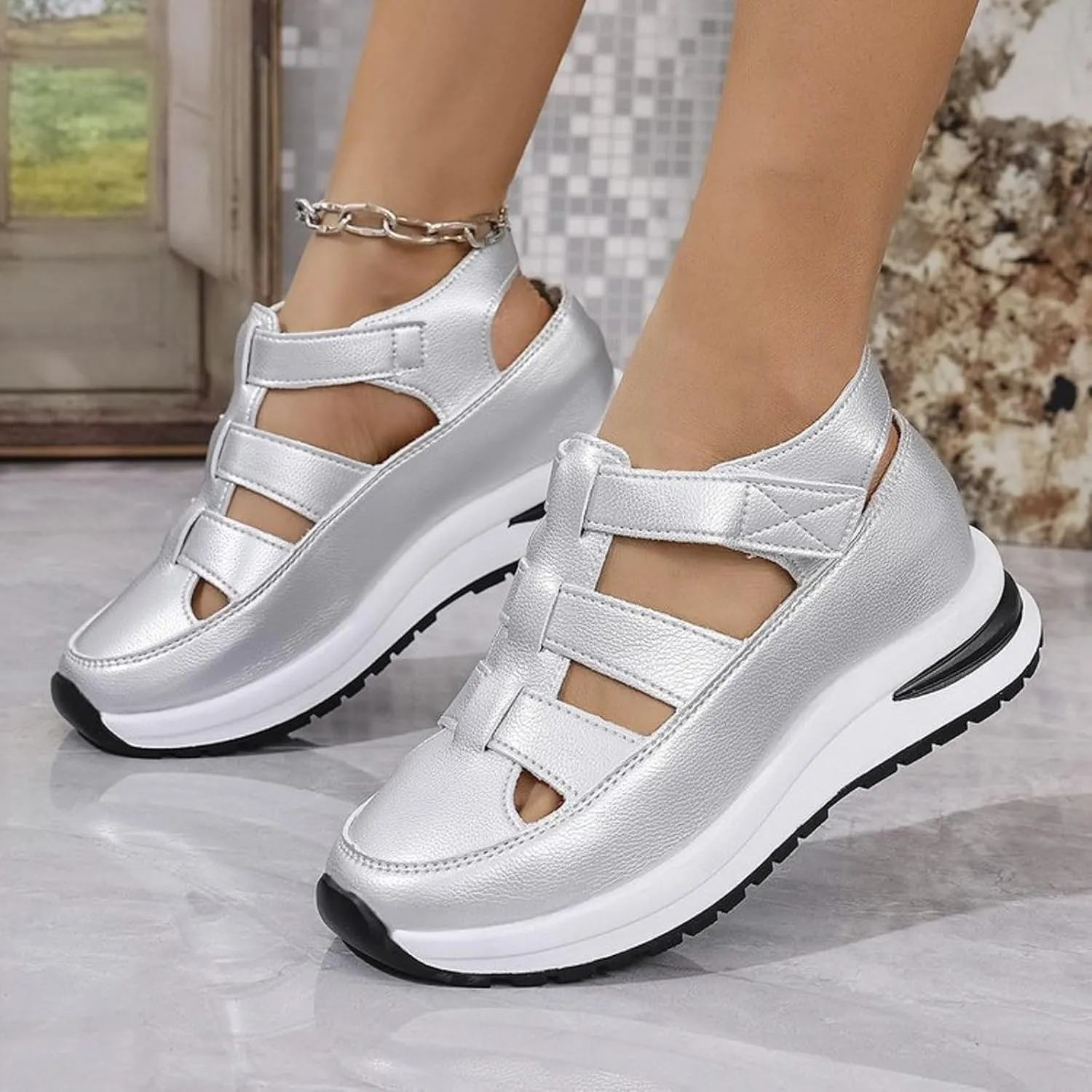 Womens Platform Sandals Comfortable Hollow Out Breathable Closed Toe Wedge Shoes Casual Stylish Arch Support Ankle Strap Orthopedic Leather Sandals