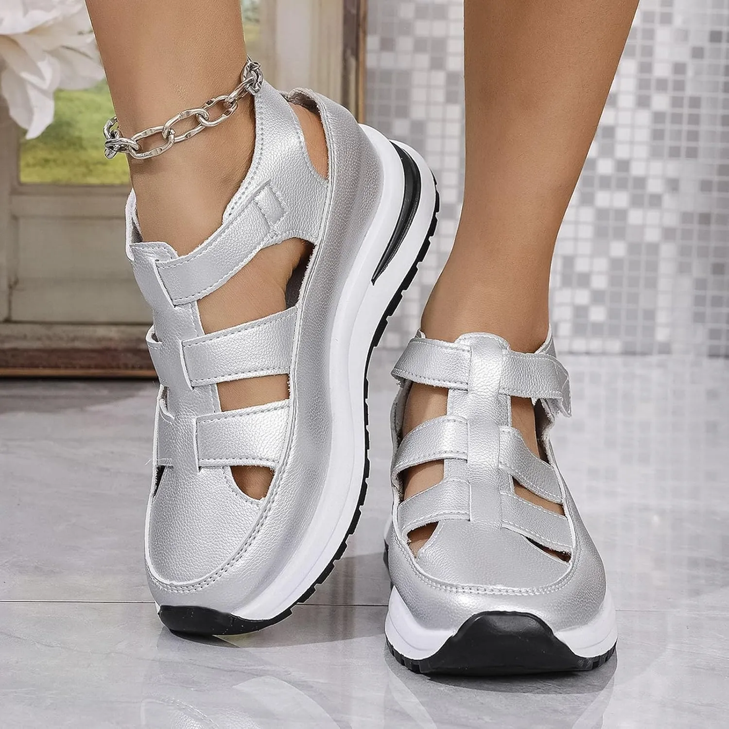 Womens Platform Sandals Comfortable Hollow Out Breathable Closed Toe Wedge Shoes Casual Stylish Arch Support Ankle Strap Orthopedic Leather Sandals
