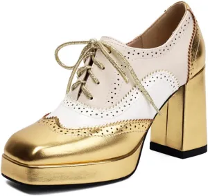 Women's Platform Square Closed Toe Chunky Heel Block Lace-Up Mary Jane Pumps Comfortable Elegant Multicolor Patchwork Wedding Party Prom Dating Dress Shoes
